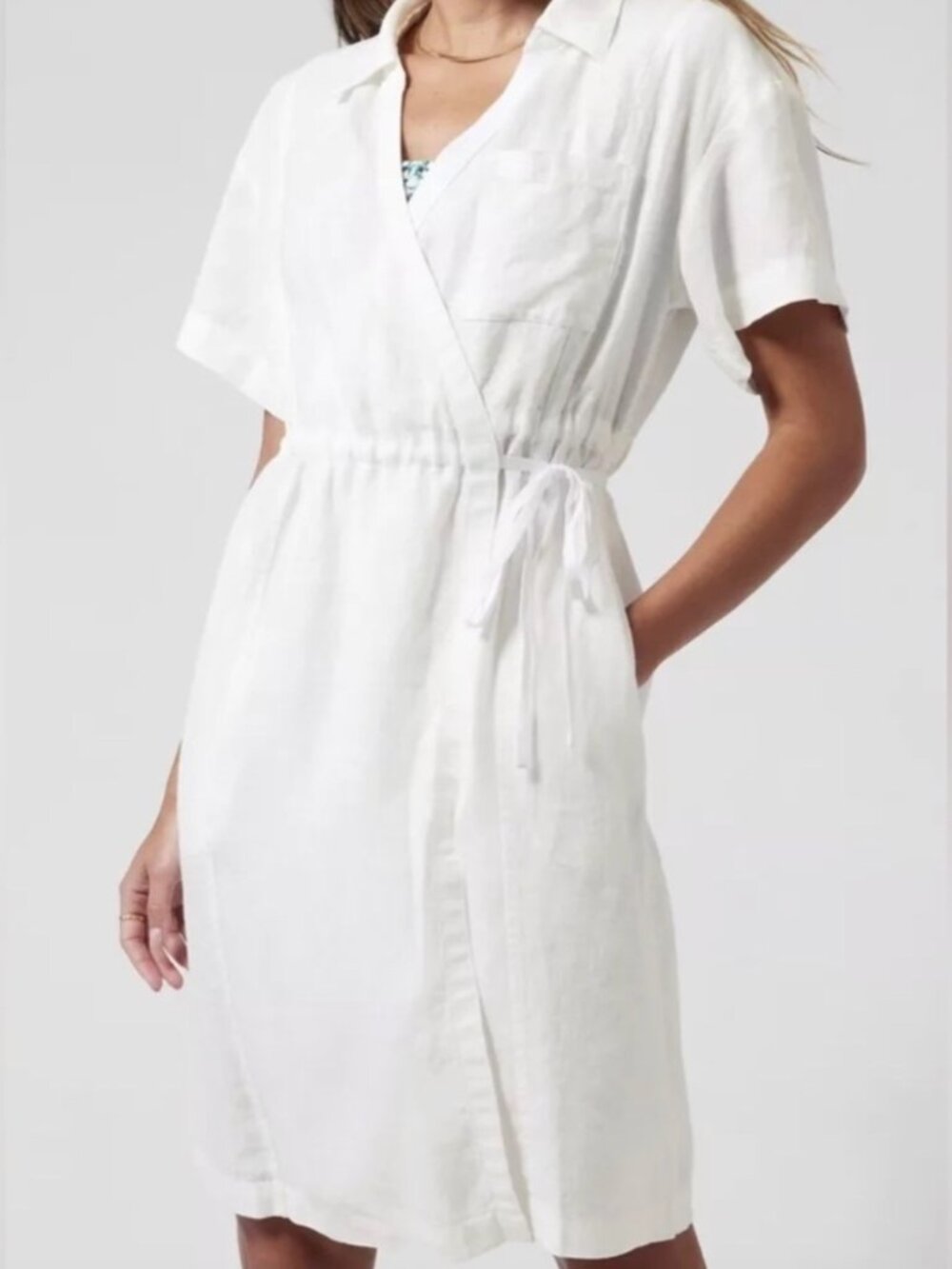 Athleta | 100% Linen Wrap Dress Short Sleeves "Playa" in White | Size  2